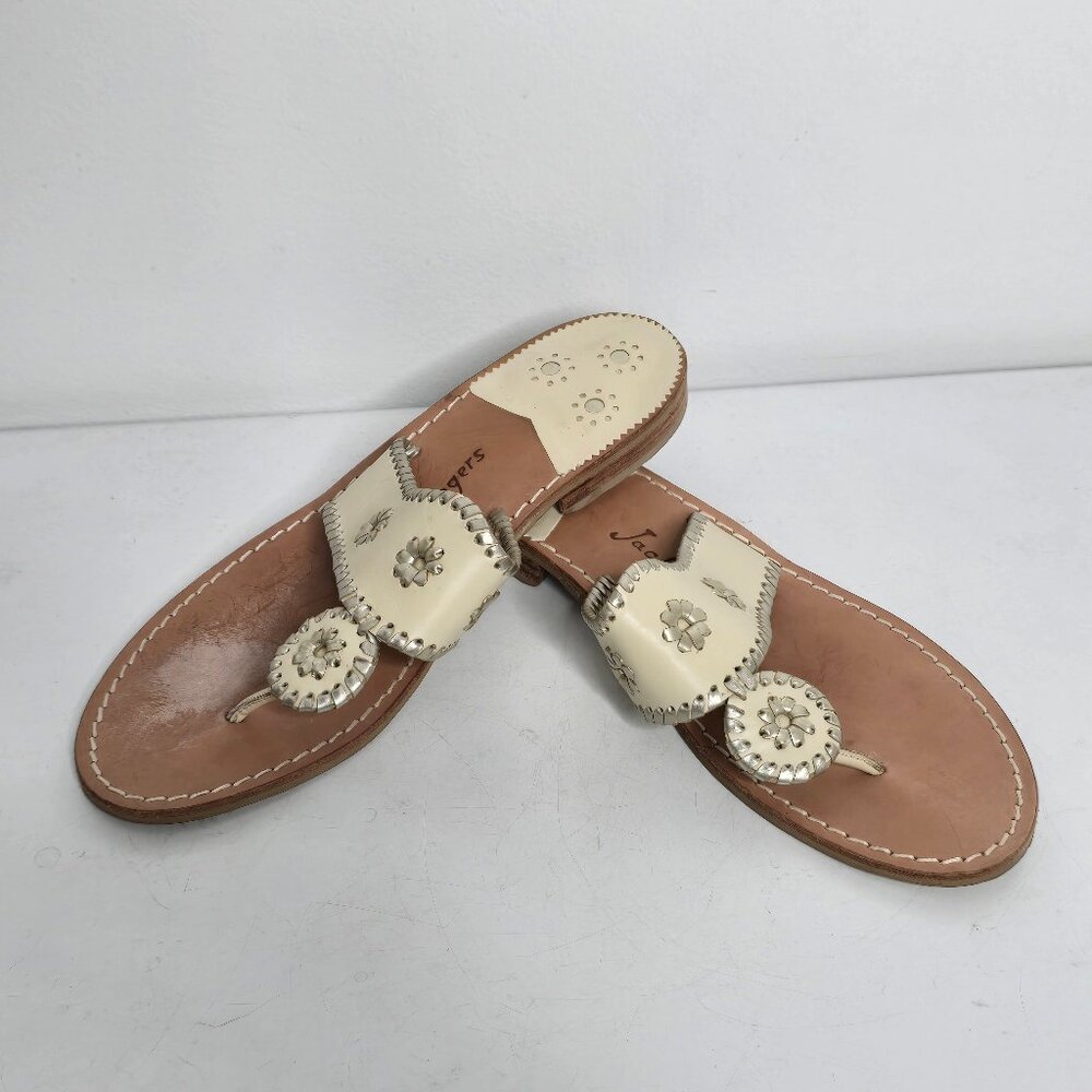 Jack Rogers Womens Thong Sandals US 11.5 Cream Whipstitch Leather Flip Flops